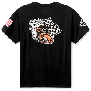 Black t-shirt with a graphic design of a pig wearing goggles and a checkered flag on a white background.