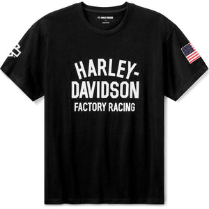 Black t-shirt with 'Harley-Davidson Factory Racing' text on a white background