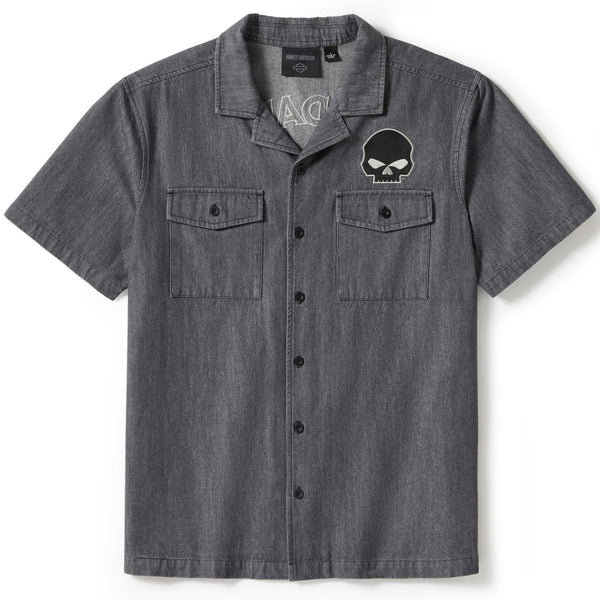 Harley-Davidson Men's Willie G. Skull Button-Up Denim Short Sleeve Shirt, Black 96383-25VM