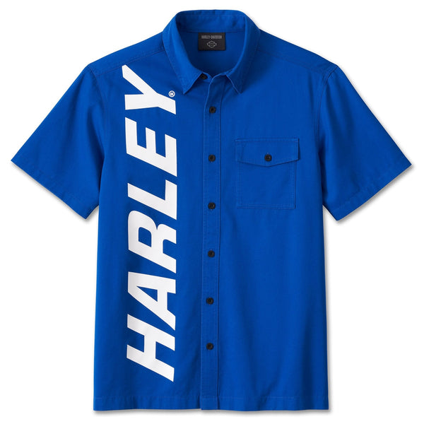 Harley-Davidson Men's Highside Mechanic Button-Up Short Sleeve Shirt, Blue 96446-24VM