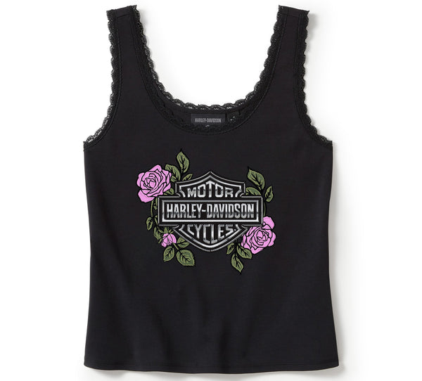 Harley-Davidson Women's Rose & Thorn Bling Lace Trim Sleeveless Shirt, Black Tank96453-25VW