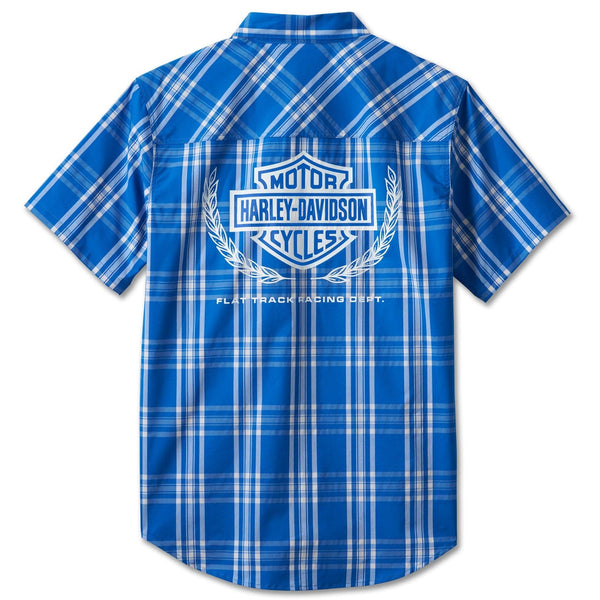 Harley-Davidson Men's Trophy Bar & Shield Logo Button-Up Short Sleeve Shirt, Blue/White Plaid 96454-24VM