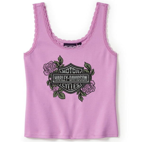 Harley-Davidson Women's Rose & Thorn Bling Lace Trim Sleeveless Shirt, Pink Tank 96454-25VW