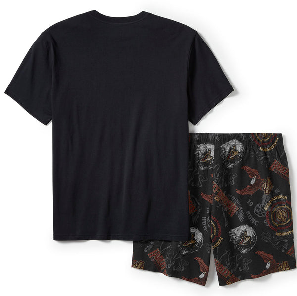 Harley-Davidson Men's '80s Short Sleeve Shirt W/ Allover Eagle Print Shorts Pajama Set, Black Tee 96470-25VM