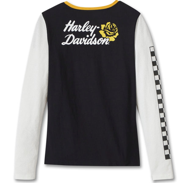 Harley-Davidson Women's Rose Racer Mesh Henley Long Sleeve Shirt, Black/Yellow 96496-24VW