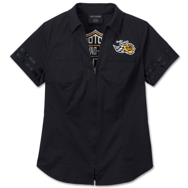 Harley-Davidson Women's Bar & Shield Racing Flower Zip-Up Short Sleeve Shirt, Black 96508-24VW