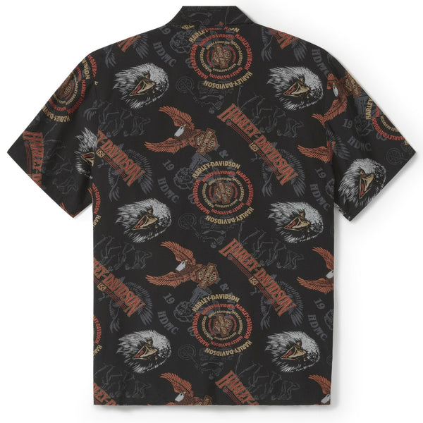 Harley-Davidson Men's '80s Aloha Allover Eagle Print Button-Up Short Sleeve Shirt, Black 96509-25VM