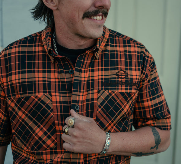 Harley-Davidson Men's H-D TECH Coolmax Button-Up Short Sleeve Shirt, Orange Plaid 96513-25VM