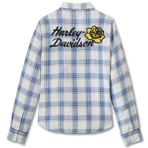 Harley-Davidson Women's Petal Racer Button-Up Long Sleeve Shirt, White/Blue Plaid 96515-24VW