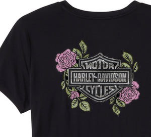 Harley-Davidson Women's Rose & Thorn Bling V-Neck Short Sleeve Shirt, Black 96546-25VW