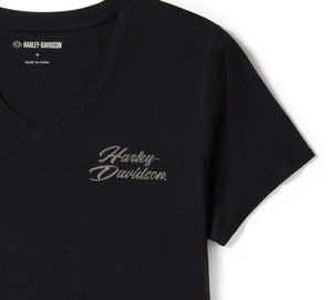 Harley-Davidson Women's Rose & Thorn Bling V-Neck Short Sleeve Shirt, Black 96546-25VW
