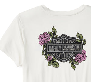 Harley-Davidson Women's Rose & Thorn Bling V-Neck Short Sleeve Shirt, White 96547-25VW