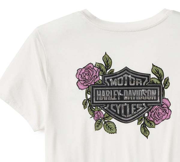 Harley-Davidson Women's Rose & Thorn Bling V-Neck Short Sleeve Shirt, White 96547-25VW