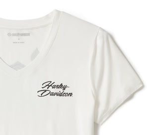 Harley-Davidson Women's Rose & Thorn Bling V-Neck Short Sleeve Shirt, White 96547-25VW