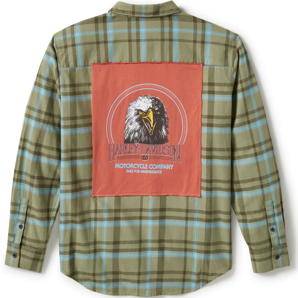 Harley-Davidson Women's Vintage Eagle Patch Woven Button-Up Long Sleeve Shirt, Green Plaid 96550-25VW