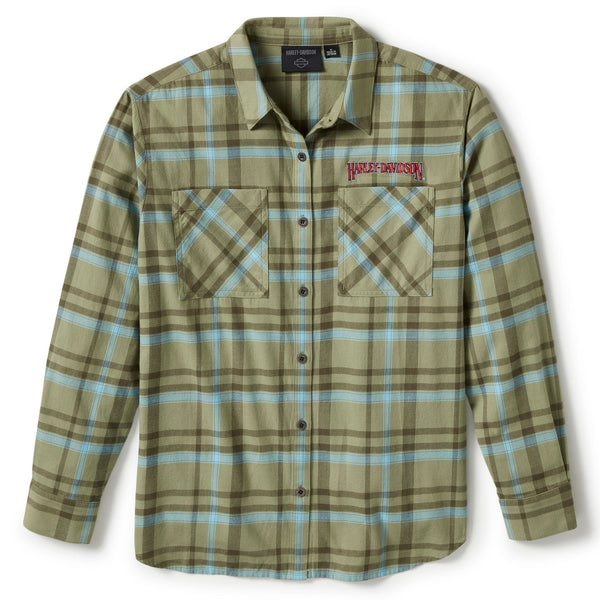 Harley-Davidson Women's Vintage Eagle Patch Woven Button-Up Long Sleeve Shirt, Green Plaid 96550-25VW