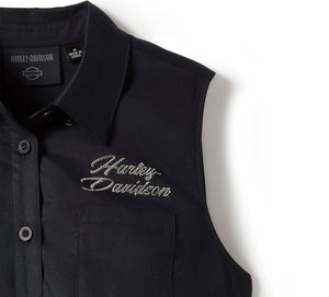 Harley-Davidson Women's Essential Bling Button-Up Front Sleeveless Shirt, Black 96553-25VW