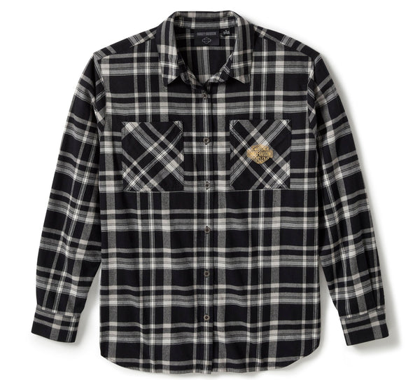 Harley-Davidson Women's Vintage Up-Winged Eagle Patch Woven Button-Up Long Sleeve Shirt, Black 96556-25VW