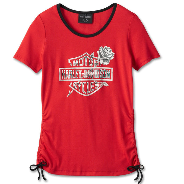 Harley-Davidson Women's Illuminate Bar & Shield Rose Short Sleeve Shirt, Bold Red 96591-24VW