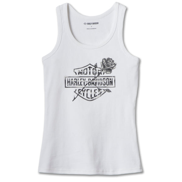 Harley-Davidson Women's Rose Bar & Shield Sleeveless Tank Shirt, Bright White 96601-24VW