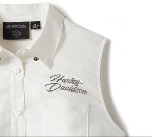 Harley-Davidson Women's Essential Bling Button-Up Front Sleeveless Shirt, White 96601-25VW
