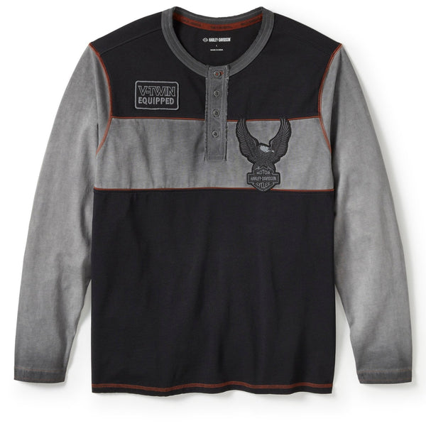 Harley-Davidson Men's Iron Bond II Henley Long Sleeve Shirt, Black/Gray 96602-25VM