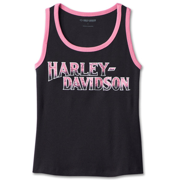 Harley-Davidson Women's Pink Label Contrasting Sleeveless Shirt, Black Tank 96608-24VW