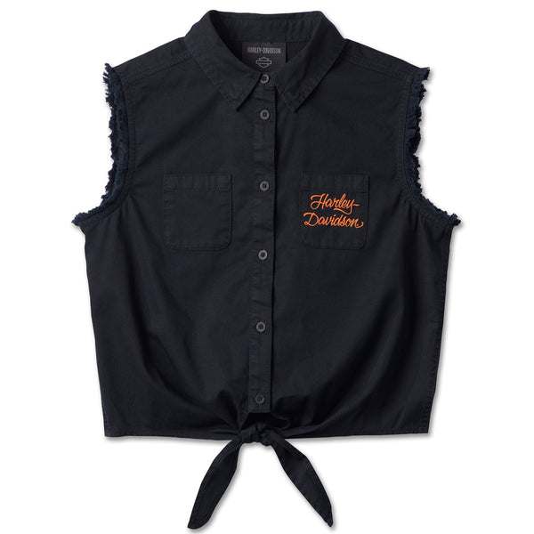 Harley-Davidson Women's Fuel To Flame Cropped Button-Down Sleeveless Shirt, Black 96609-24VW