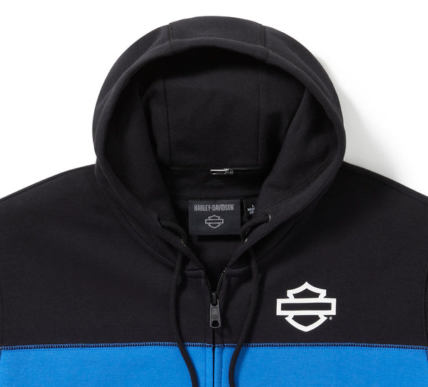 Black and blue hoodie with Harley-Davidson logo on a white background