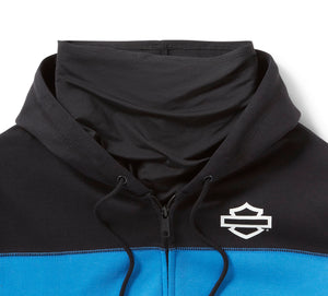 Black and blue hoodie with a logo on the chest against a white background