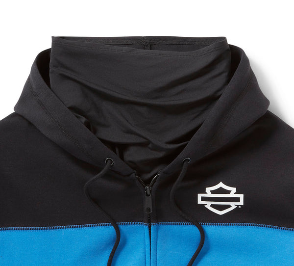 Black and blue hoodie with a logo on the chest against a white background