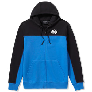 Black and blue hoodie with a logo on a white background