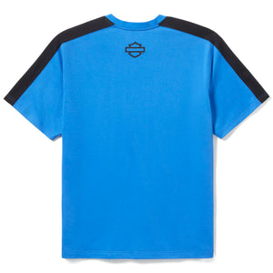 Blue t-shirt with black sleeves on a white background