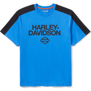Blue t-shirt with black sleeves and Harley-Davidson logo on a white background