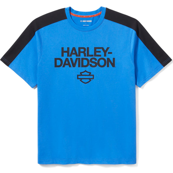 Blue t-shirt with black sleeves and Harley-Davidson logo on a white background