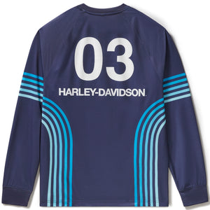 Navy long-sleeve shirt with '03' and 'Harley-Davidson' text on a white background