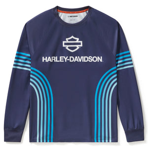 Navy long-sleeve shirt with Harley-Davidson logo and blue stripes on a white background