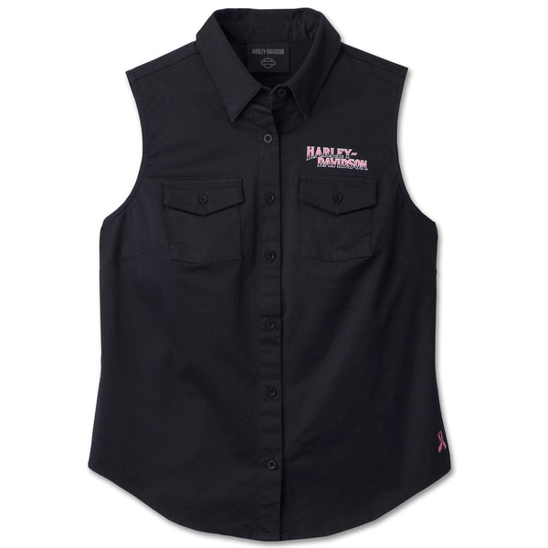 Harley-Davidson Women's Pink Label Bar & Shield Button-Down Sleeveless Shirt, Black 96616-24VW