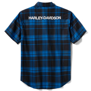 Blue and black plaid shirt with 'Harley-Davidson' logo on the back against a white background