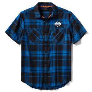 Blue and black plaid shirt with a logo on a white background