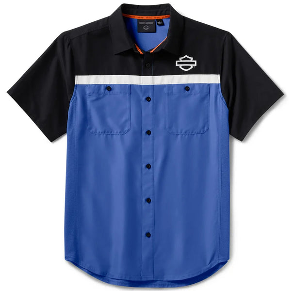 Harley-Davidson Men's H-D TECH Vented Button-Up Colorblock Short Sleeve Shirt, Blue/Black 96618-25VM