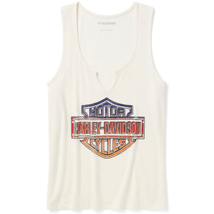 An off-white sleeveless tank top featuring a distressed vintage-style Harley-Davidson logo graphic on the chest, displayed against a solid white background.