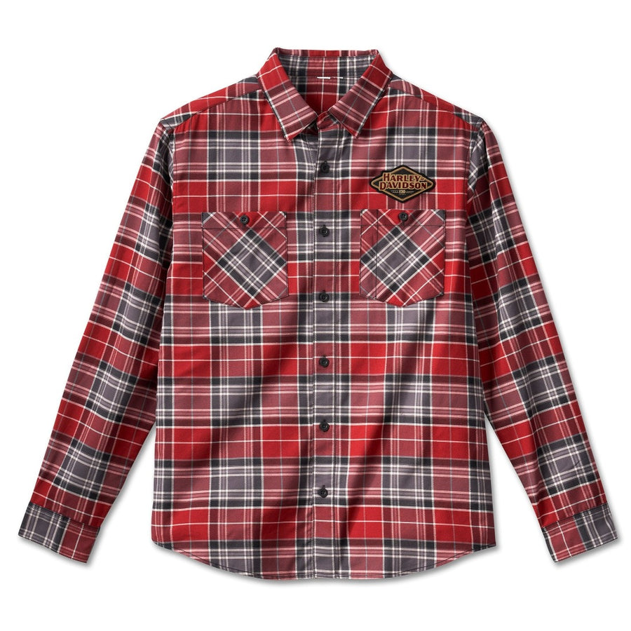 Harley-Davidson Men's 120th Anniversary Plaid Button Up Long Sleeve Shirt, Red Plaid 96646-23VM