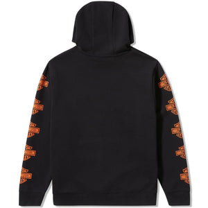 Black hoodie with orange patterns on sleeves against a white background