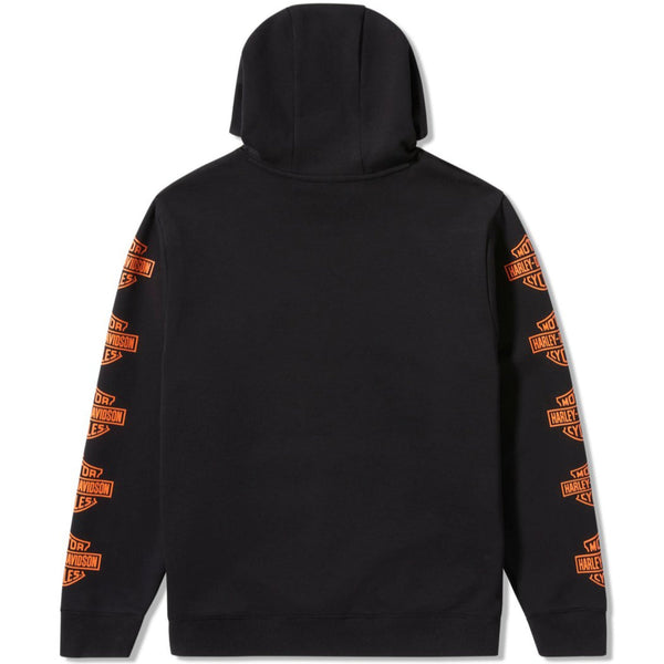 Black hoodie with orange patterns on sleeves against a white background