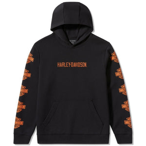 Black hoodie with orange Harley-Davidson logo and branding on sleeves against a white background