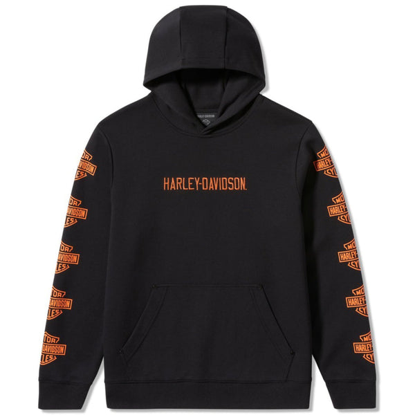 Black hoodie with orange Harley-Davidson logo and branding on sleeves against a white background