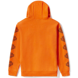 Orange hoodie with brand logos on sleeves against a white background