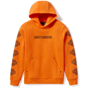 Orange hoodie with Harley-Davidson branding on a white background