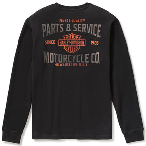 Black long-sleeve shirt with Harley-Davidson logo and text on a white background